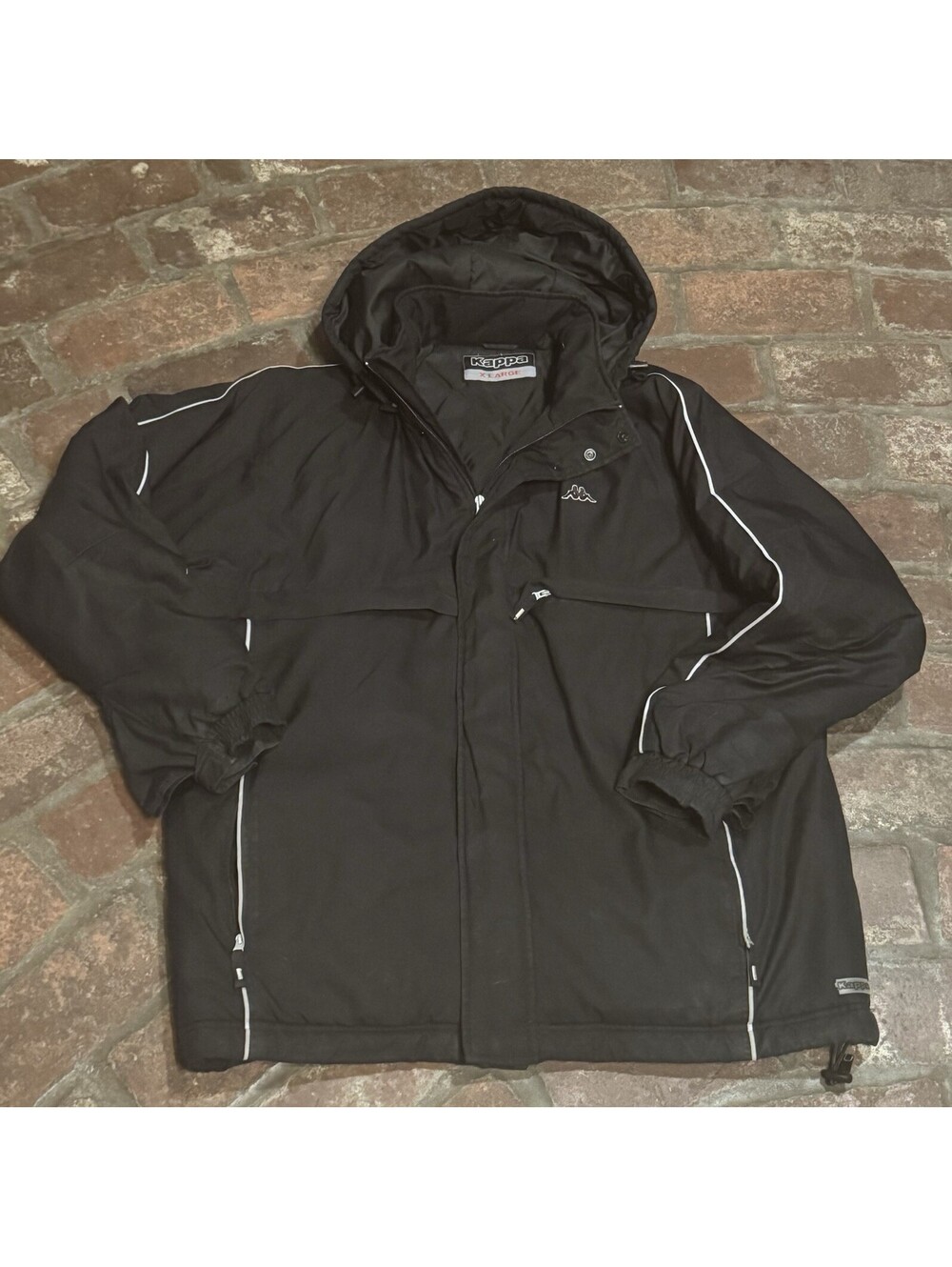 Vintage Kappa Heavy Windbreaker Coat XL Black Full Zip Hooded Track Parka 90s